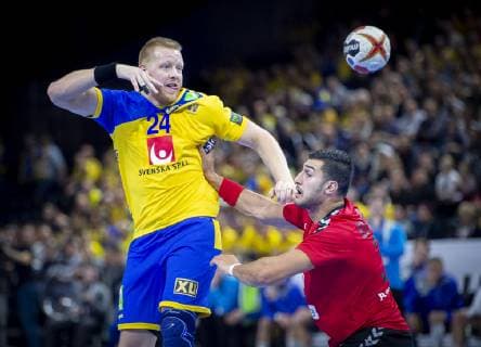 Handball WM, Ägypten - Schweden Jim Gottfridsson of Sweden and Yehia Elderaa of Egypt during the men s IHF Handball World Championship WM Weltmeisterschaft match in Group D between Sweden-Egypt in Copenhagen , Denmark, on Friday, Jan. 11, 2019.. , Copenhagen Denmark Copyright: Scanpix LiselottexSabroex COP102 spdk20190111-212539-L