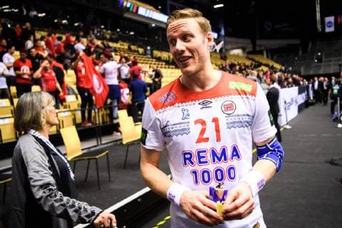 Handball WM, Tunesien - Norwegen 190111 Magnus Gullerud of Norway celebrates after the 2019 IHF World Championship WM Weltmeisterschaft match between Tunisia and Norway on January 11, 2019 in Herning. Photo: Jon Olav Nesvold BILDBYRN kod JE 160394 Copyright: JONxOLAVxNESVOLD BB190111JE151