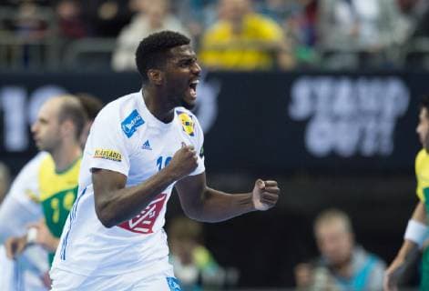 Dika Mem (10 FRA) jubelt. Vorrundenspiel - Gruppe A: Brasilien - Frankreich in der Mercedes-Benz Arena in Berlin, Deutschland am 11.01.2019. IHF - Handball Weltmeisterschaft der Maenner in Deutschland und Daenemark 2019,