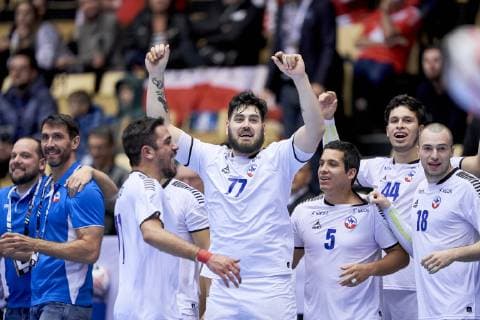 Handball WM, Österreich - Chile Victor Donoso (77) of Chile celebrates with teammates after the men s IHF Handball World Championship WM Weltmeisterschaft Group C match 16, between Austria and Chile. Herning Denmark on Saturday Jan 12 2019 Herning Denmark, Denmark 