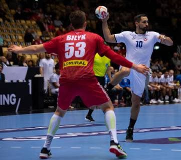 Handball WM, Österreich - Chile Handball-WM Österreich - Chile am 12.01.2019 in der Jyske Bank Boxen in Herning Mykola BILYK ( Österreich ), links - Emil Feuchtmann ( Chile ), rechts