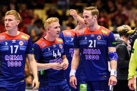 Handball WM, Norwegen - Saudi-Arabien 190112 Kevin Gulliksen and Magnus Gullerud of Norway celebrates after the IHF World Handball Championship match between Norway and Saudi Arabia on January 12, 2019 in Herning. Photo: Jon Olav Nesvold BILDBYRN kod JE 160396 Copyright: JONxOLAVxNESVOLD BB190112JE093