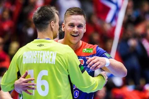 190112 Goalkeeper Espen Christensen and Espen Lie Hansen of Norway celebrates after the IHF World Handball Championship match between Norway and Saudi Arabia on January 12, 2019 in Herning. Photo: Jon Olav Nesvold BILDBYRN kod JE 160396 Copyright: JONxOLAVxNESVOLD BB190112JE095