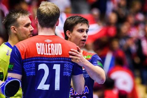 190112 Goalkeeper Espen Christensen and Magnus Gullerud of Norway celebrates after the IHF World Handball Championship match between Norway and Saudi Arabia on January 12, 2019 in Herning. Photo: Jon Olav Nesvold BILDBYRN kod JE 160396 Copyright: JONxOLAVxNESVOLD BB190112JE096