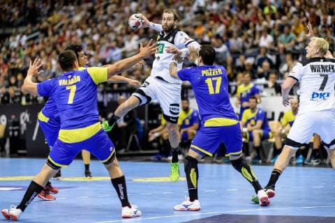 Handball WM, Deutschland - Brasilien Deutschland vs Brasilien, Handball Weltmeisterschaft 2019, 12.01.2019 l-r: Jose Toledo (BRA 7), Steffen Faeth (GER 23). Alexandro Pozzer (BRA 17) und Patrick Wiencek (GER 7) beim Spiel zwischen Deutschland und Brasilien bei der Handball Weltmeisterschaft in Berlin am 12.01.2019, , Berlin BER Germany Mercedes-Benz-Arena