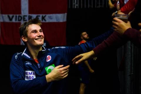 190112 Magnus Abelvik R¿d of Norway thanks supporters after the IHF World Handball Championship match between Norway and Saudi Arabia on January 12, 2019 in Herning. Photo: Jon Olav Nesvold BILDBYRN kod JE 160396 Copyright: JONxOLAVxNESVOLD BB190112JE097