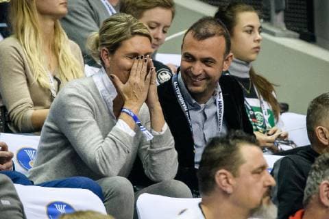 Deutschland vs Brasilien, Handball Weltmeisterschaft 2019, 12.01.2019 Katrin Krabbe und Bob Hanning auf der Tribüne beim Spiel zwischen Deutschland und Brasilien bei der Handball Weltmeisterschaft in Berlin am 12.01.2019, , Berlin BER Germany Mercedes-Benz-Arena
