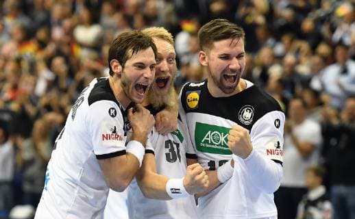 Uwe Gensheimer (Deutschland), Matthias Musche (Deutschland), und Fabian Wiede (Deutschland), jubeln nach dem Spiel Deutschland-Brasilien Germany-Brazil Brasilia-France IHF Handball Weltmeisterschaft 2019, Hanball World Championship WM Weltmeisterschaft 2019, Herren, Männer, Maenner, men, Handball, Deutschland, Germany, Vorrunde, Gruppe A, group A Berlin, 12.1.2019