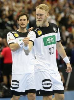 Jubel beim Team Deutschland Uwe Gensheimer und Matthias Musche nach Sieg des Spiels Deutschland gegen Brasilien der Handball- WM 2019 der Maenner am 12.01.2019 in der Mercedes-Benz Arena in Berlin Handball - WM 2019 - Gruppe A - Deutschland - Brasilien