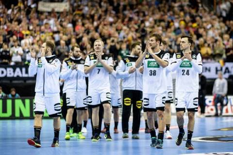 Deutschland vs Brasilien, Handball Weltmeisterschaft 2019, 12.01.2019 l-r: Steffen Weinhold (GER 17), Steffen Faeth (GER 23), Patrick Wiencek (GER 7), Torwart Andreas Wolff (GER 33), Fabian Boehm (GER 38) und Patrick Groetzki (GER 24) beim Spiel zwischen Deutschland und Brasilien bei der Handball Weltmeisterschaft in Berlin am 12.01.2019, , Berlin BER Germany Mercedes-Benz-Arena