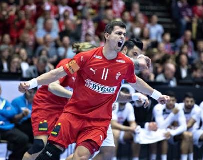 Handball WM, Dänemark - Tunesien Rasmus Lauge of Denmark celebrates during the men s IHF Handball World Championship WM Weltmeisterschaft Group C match between Denmark and Tunisia in Herning, Denmark, Saturday, Jan. 12, 2019.. , Herning Jylland Denmark Copyright: HenningxBagger HenningxBaggerx COP101 spdk20190112-202149-L