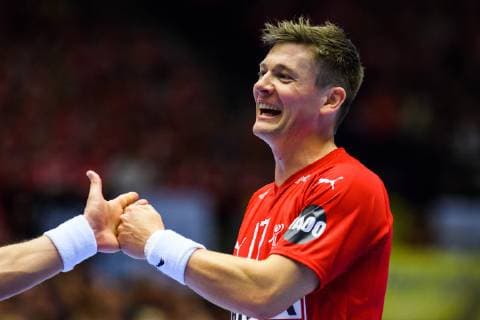Handball WM, Dänemark - Tunesien 190112 Lasse J. Svan of Denmark celebrates during the IHF World Handball Championship match between Denmark and Tunisia on January 12, 2019 in Herning. Photo: Jon Olav Nesvold BILDBYRN kod JE 160397 Copyright: JONxOLAVxNESVOLD BB190112JE106