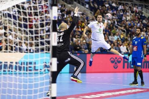 Handball WM, Frankreich - Serbien Bogdan Radivojevic (Nr. 14, Serbien) gegen Vincent Gerard (Nr. 12, Frankreich). Frankreich vs. Serbien, Vorrunde, Handball, IHF Handball Weltmeisterschaft, 12.01.19 Berlin Berlin Germany Mercedes-Benz-Arena Copyright: xAgentur54Gradx xFelixxKoenigx