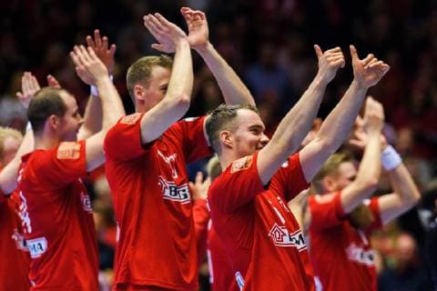 Handball WM, Dänemark - Tunesien 190112 Casper U. B. Mortensen of Denmark celebrates with teammates after the IHF World Handball Championship match between Denmark and Tunisia on January 12, 2019 in Herning. Photo: Jon Olav Nesvold BILDBYRN kod JE 160397 Copyright: JONxOLAVxNESVOLD BB190112JE133