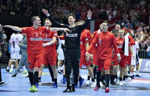 Handball WM, Dänemark - Tunesien The Danish players celebrate the victory in the men s IHF Handball World Championship WM Weltmeisterschaft Group C match between Denmark and Tunisia in Herning, Denmark, Saturday, Jan. 12, 2019.. , Herning Jylland Denmark Copyright: HenningxBagger HenningxBaggerx COP101 spdk20190112-215228-L