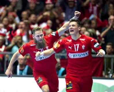 Handball WM, Dänemark - Tunesien Nikolaj OEris Nielsen and Lasse Svan of Denmark celebrates during the men s IHF Handball World Championship WM Weltmeisterschaft Group C match between Denmark and Tunisia in Herning, Denmark, Saturday, Jan. 12, 2019.. , Herning Jylland Denmark Copyright: HenningxBagger HenningxBaggerx COP101 spdk20190112-221405-L