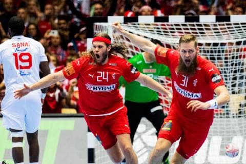 Sport Bilder des Tages 190112 Mikkel Hansen and Nikolaj Oris of Denmark celebrate during the IHF World Handball Championship match between Denmark and Tunisia on January 12, 2019 in Herning. Photo: Jon Olav Nesvold BILDBYRAN kod JE 160397 Copyright: JONxOLAVxNESVOLD BB190112JE224