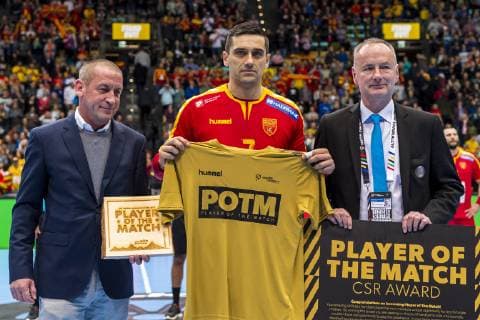 Muenchen, Deutschland 13. Januar 2019: WM 2019 Männer - Gruppe B - Mazedonien vs. Bahrain Player of the Match Kiril Lazarov (Mazedonien) Muenchen Olympiahalle Bayern Deutschland