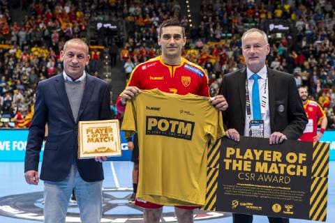 Sport Bilder des Tages Muenchen, Deutschland 13. Januar 2019: WM 2019 Männer - Gruppe B - Mazedonien vs. Bahrain Player of the Match Kiril Lazarov (Mazedonien) Muenchen Olympiahalle Bayern Deutschland