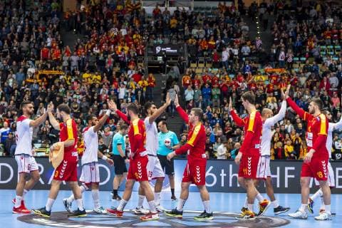 Muenchen, Deutschland 13. Januar 2019: WM 2019 Männer - Gruppe B - Mazedonien vs. Bahrain die Mannschaft von Bahrain und Mazedonien Muenchen Olympiahalle Bayern Deutschland