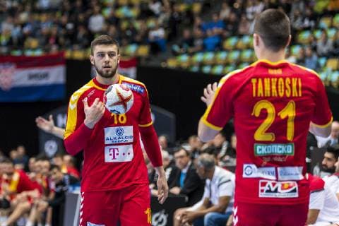 Muenchen, Deutschland 13. Januar 2019: WM 2019 Männer - Gruppe B - Mazedonien vs. Bahrain v.li. Filip Kuzmanovski (Mazedonien), Mario Tankoski (Mazedonien) Muenchen Olympiahalle Bayern Deutschland