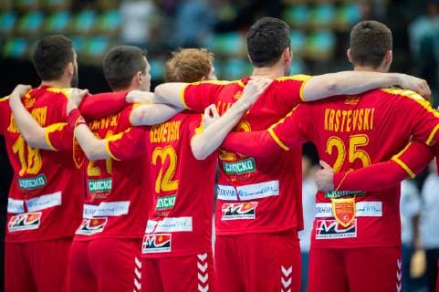 Handball WM, 2019, Vorrunde, Gruppe B, München, Olympiahalle, Begegnung Marzedonien - Bahrain, im Bild: Mazedonien Team, Filip Kuzmanovski , Mario Tankoski , Goce Georgievski , Goran Krstevski, @Martin Hangen hangenfoto