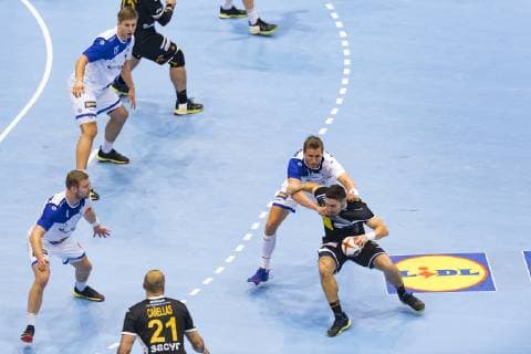 Handball WM 19, Vorrunde, Gruppe B, Begegnung: Spanien - Island, Olympiahalle Muenchen. 13.01.2019 Im Bild: Joan Canellas, Aron Palmarsson, Daniel Thor Ingason, Â