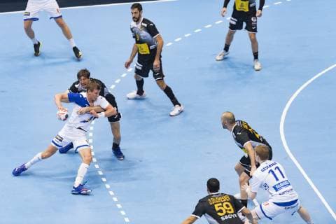 Handball WM 19, Vorrunde, Gruppe B, Begegnung: Spanien - Island, Olympiahalle Muenchen. 13.01.2019 Im Bild: Daniel Dujshebaev , Ymir Örn Gislason, Olafur Gudmundsson, Raul Entrerrios, Â