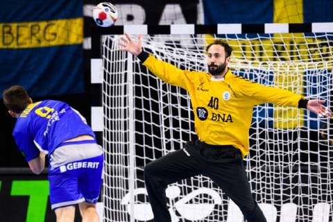 Handball WM, Schweden - Argentinien 190113 Jerry Tollbring of Sweden and Goalkeeper Leonel Maciel of Argentina during the IHF World Handball Championship match between Sweden and Argentina on January 13, 2019 in Copenhagen. Photo: Ludvig Thunman BILDBYRN kod LT 35577 Copyright: LUDVIGxTHUNMAN BB190113LT029