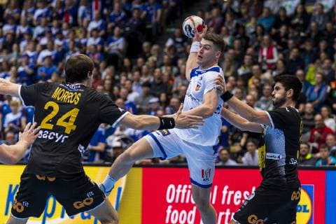 Muenchen, Deutschland 13. Januar 2019: WM 2019 Männer - Gruppe B - Spanien vs. Island v.li. Viran Morros de Argila (Spanien), Elvar Orn Jonsson (Island) Muenchen Olympiahalle Bayern Deutschland