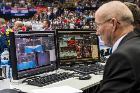 Muenchen, Deutschland 13. Januar 2019: WM 2019 Männer - Gruppe B - Spanien vs. Island Video Replay System Muenchen Olympiahalle Bayern Deutschland