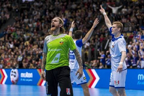 Muenchen, Deutschland 13. Januar 2019: WM 2019 Männer - Gruppe B - Spanien vs. Island Torhueter Bjoergvin Gustavsson (Island) Muenchen Olympiahalle Bayern Deutschland