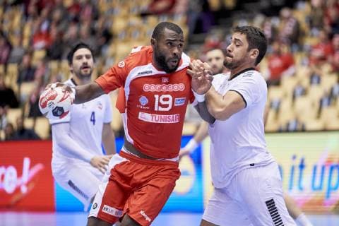 IHF Men s World Championship WM Weltmeisterschaft 2019 Group C handball match. Mosbah Sanai (19) of Tunisia and Rodrigo Salinas (17) $of Chile during the men s IHF Handball World Championship Group C match 31 between Tunisia and Chile at the Jyske Bank Boxen arena in Herning Denmark on Monday January 14, 2019. Denmark 