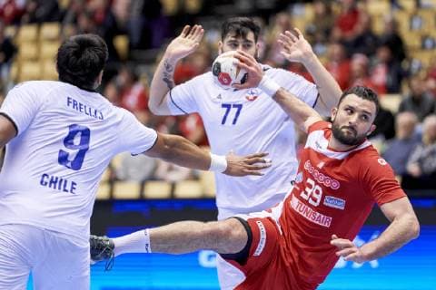 IHF Men s World Championship WM Weltmeisterschaft 2019 Group C handball match. Mohamed Soussi (39) of Tunisia during the men s IHF Handball World Championship Group C match 31 between Tunisia and Chile at the Jyske Bank Boxen arena in Herning Denmark on Monday January 14, 2019. Denmark 