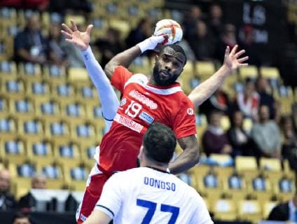 Mosbah Sanai of Tunisia in action during the men s IHF Handball World Championship WM Weltmeisterschaft Group C match between Tunisia and Chile in Herning, Denmark, on Monday, Jan 14, 2019.. , Herning Jylland Copyright: HenningxBagger HenningxBaggerx COP109 spdk20190114-154507-L