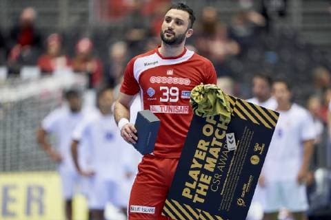 IHF Men s World Championship WM Weltmeisterschaft 2019 Group C handball match. Player of the match Mohamed Soussi (39) of Tunisia after the men s IHF Handball World Championship Group C match 31 between Tunisia and Chile at the Jyske Bank Boxen arena in Herning Denmark on Monday January 14, 2019. Denmark 