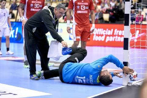IHF Men s World Championship WM Weltmeisterschaft 2019 Group C handball match. A injured Marouen Maggaiz (12) of Tunisia during the men s IHF Handball World Championship Group C match 31 between Tunisia and Chile at the Jyske Bank Boxen arena in Herning Denmark on Monday January 14, 2019. Denmark 