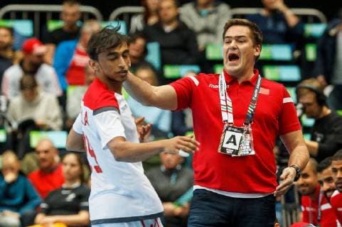 Muenchen, Deutschland, 14.01.2019, IHF Handball WM 2019, Gruppe B, Island - Bahrain, Aron Krist jansson (BHR) gestikuliert, gestik ( DeFodi048