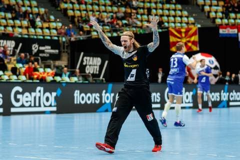 Muenchen, Deutschland, 14.01.2019, IHF Handball WM 2019, Gruppe B, Island - Bahrain, Torwart Bjoergvin Pall Gustavsson (ISL) gestikuliert, gestik ( DeFodi048