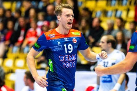 190114 Kristian Bj¿rnsen of Norway celebrating during the IHF World Handball Championship match between Norway and Austria on January 14, 2019 in Herning. Photo: Jon Olav Nesvold BILDBYRN kod JE 160400 Copyright: JONxOLAVxNESVOLD BB190114JE078