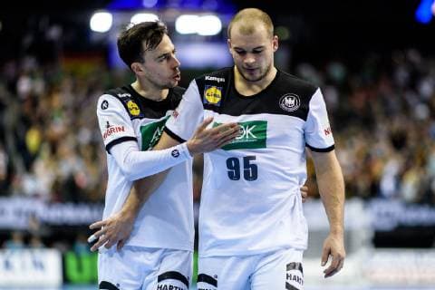 Deutschland vs Russland, Handball Weltmeisterschaft 2019, 14.01.2019 Patrick Groetzki (GER 24) und Paul Drux (GER 95) beim Spiel zwischen Russland und Deutschland bei der Handball Weltmeisterschaft in Berlin am 14.01.2019, , Berlin BER Germany Mercedes-Benz-Arena