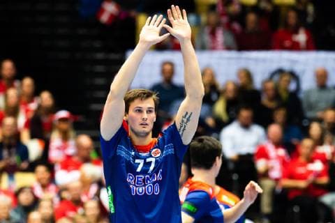 190114 Magnus Abelvik R¿d of Norway during the IHF World Handball Championship match between Norway and Austria on January 14, 2019 in Herning. Photo: Jon Olav Nesvold BILDBYRN kod JE 160400 Copyright: JONxOLAVxNESVOLD BB190114JE180