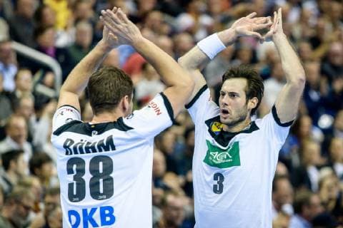 Deutschland vs Russland, Handball Weltmeisterschaft 2019, 14.01.2019 Uwe Gensheimer (GER 3) und Fabian Boehm (GER 38) beim Spiel zwischen Russland und Deutschland bei der Handball Weltmeisterschaft in Berlin am 14.01.2019, , Berlin BER Germany Mercedes-Benz-Arena