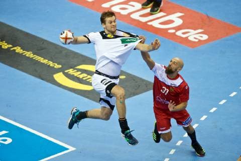 Handball Berlin 14.01.2019 Weltmeisterschaft 2019 Weltmeisterschaften der Männer Gruppe A Russland (RUS) - Deutschland (GER) Fabian Böhm (Deutschland, No.38) Bohm Boehm DIBIROV Timur (Russland, No.31)