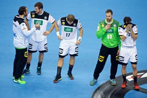 Handball Berlin 14.01.2019 Weltmeisterschaft 2019 Weltmeisterschaften der Männer Gruppe A Russland (RUS) - Deutschland (GER) niedergeschlagene deutsche Spieler Uwe Gensheimer (Deutschland, No.03) Andreas Wolff (Deutschland, TW, No.33) Steffen Weinhold (Deutschland, No.17) Fabian Böhm (Deutschland, No.38) Bohm Boehm Silvio Heinevetter (Deutschland, TW, No.12) vrnl