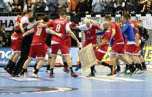 Jubel beim Team Russland nach dem Spiel Russland gegen Deutschland der Handball- WM 2019 der Maenner am 14.01.2019 in der Mercedes-Benz Arena in Berlin Handball - WM 2019 - Gruppe A - Deutschland - Russland