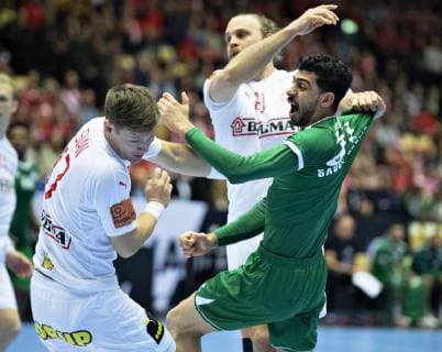 Mojtaba Alsalem of Saudi Arabia is stopped during the men s IHF Handball World Championship WM Weltmeisterschaft Group C match between Denmark and Saudi Arabia in Herning, Denmark, on Monday, Jan 14, 2019.. , Herning Jylland Denmark Copyright: HenningxBagger HenningxBaggerx COP101 spdk20190114-201823-L
