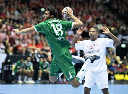 Fahad Alfarhan of Saudi Arabia and Mads Mensah of Denmark during the men s IHF Handball World Championship WM Weltmeisterschaft Group C match between Denmark and Saudi Arabia in Herning, Denmark, on Monday, Jan 14, 2019.. , Herning Jylland Denmark Copyright: HenningxBagger HenningxBaggerx COP101 spdk20190114-204137-L