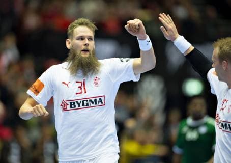 Nikolaj OEris Nielsen of Denmark celebrates during the men s IHF Handball World Championship WM Weltmeisterschaft Group C match between Denmark and Saudi Arabia in Herning, Denmark, on Monday, Jan 14, 2019.. , Herning Jylland Denmark Copyright: HenningxBagger HenningxBaggerx COP101 spdk20190114-205332-L