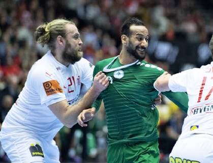 Henrik Moellgaard of Denmark and Abbas Alsaffar of Saudi Arabia during the men s IHF Handball World Championship WM Weltmeisterschaft Group C match between Denmark and Saudi Arabia in Herning, Denmark, on Monday, Jan 14, 2019.. , Herning Jylland Denmark Copyright: HenningxBagger HenningxBaggerx COP101 spdk20190114-210542-L